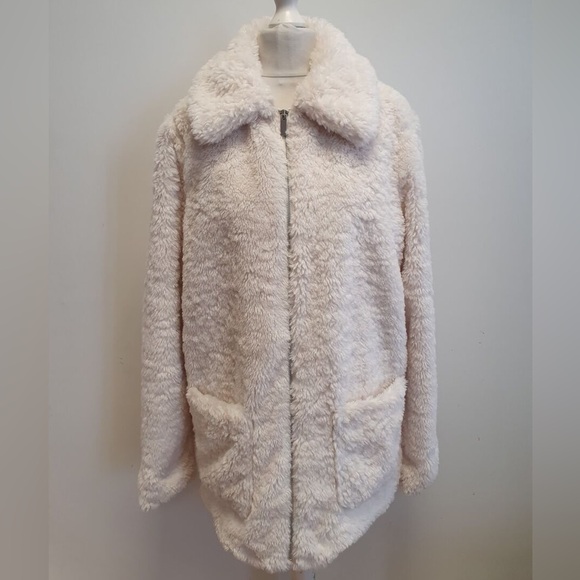 NEW LOOK TALL CREAM WHITE FAUX FUR COLLARED FULL ZIP COAT, FLUFFY JACKET - Picture 1 of 4